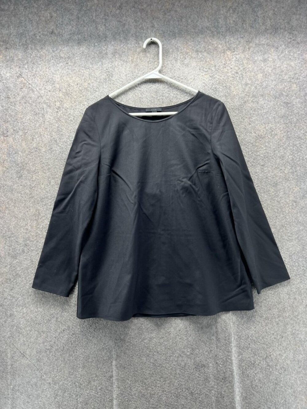 COS Blouse Women 10 Black Round Neck 3/4 Sleeve Woven Pullover Top Basic